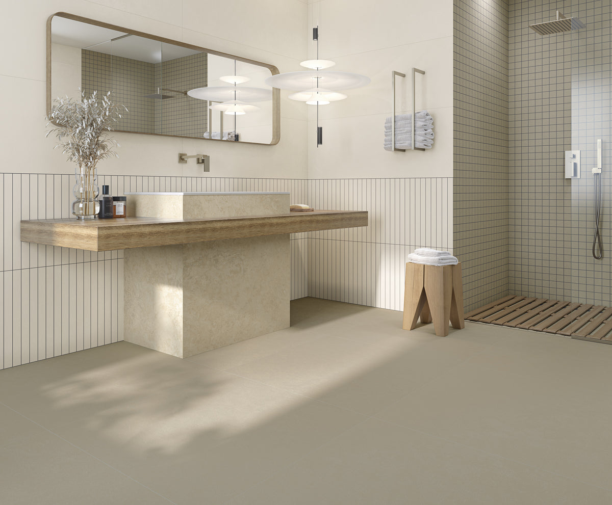 Ambiente baño con suelo efecto cemento Novara Gris - Vetonek