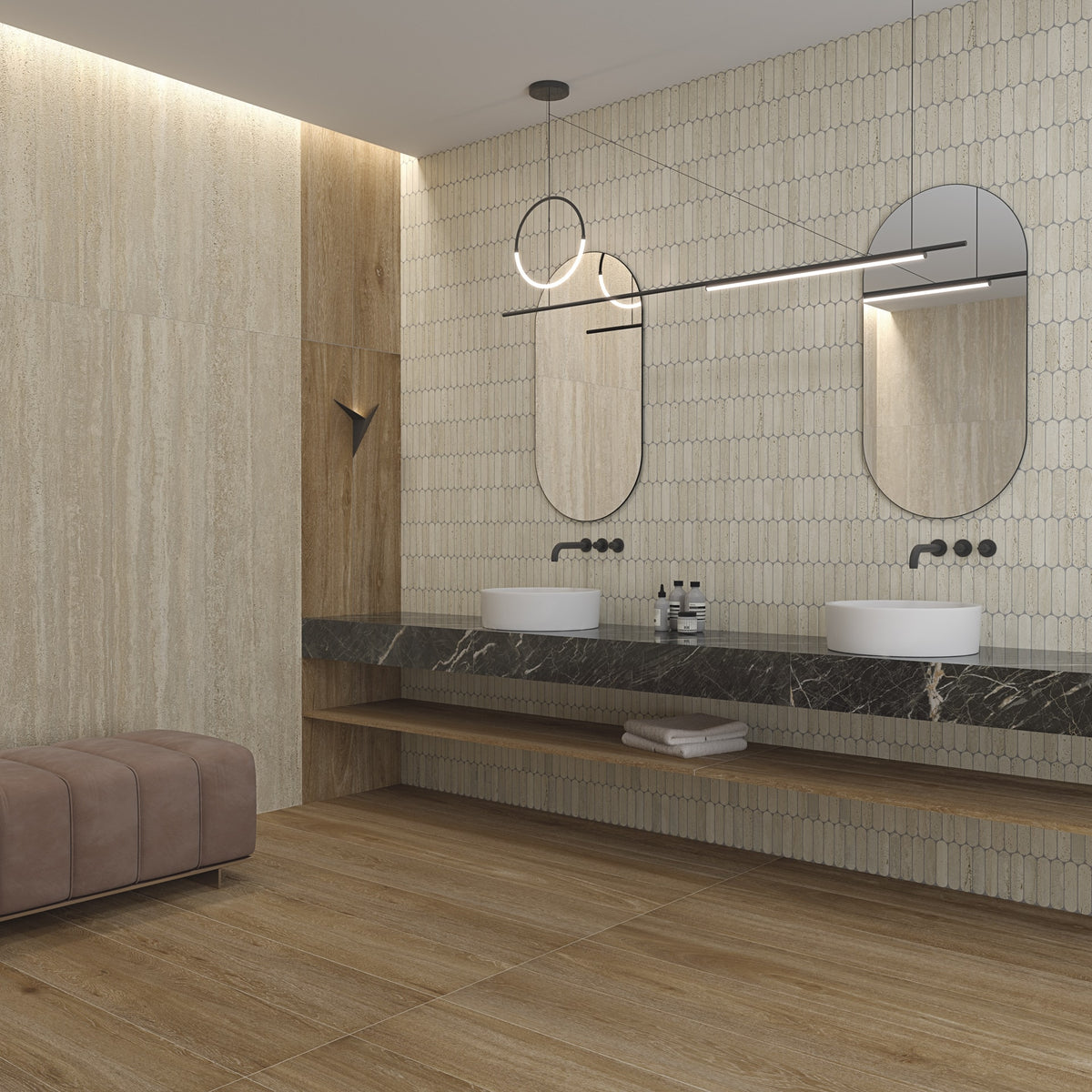 Ambiente con pavimento efecto madera Sondrio y mosaico - Vetonek