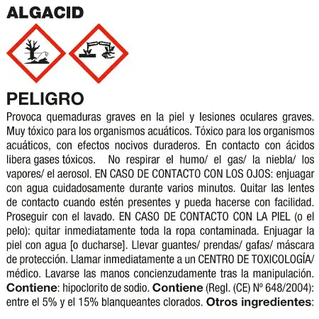 "Etiqueta de advertencia de peligro para ALGACID. Instrucciones de seguridad para el uso de hipoclorito de sodio, altamente tóxico para organismos acuáticos y con riesgo de causar quemaduras graves en la piel y ojos. Incluye pictogramas de riesgo químico y medidas en caso de contacto."