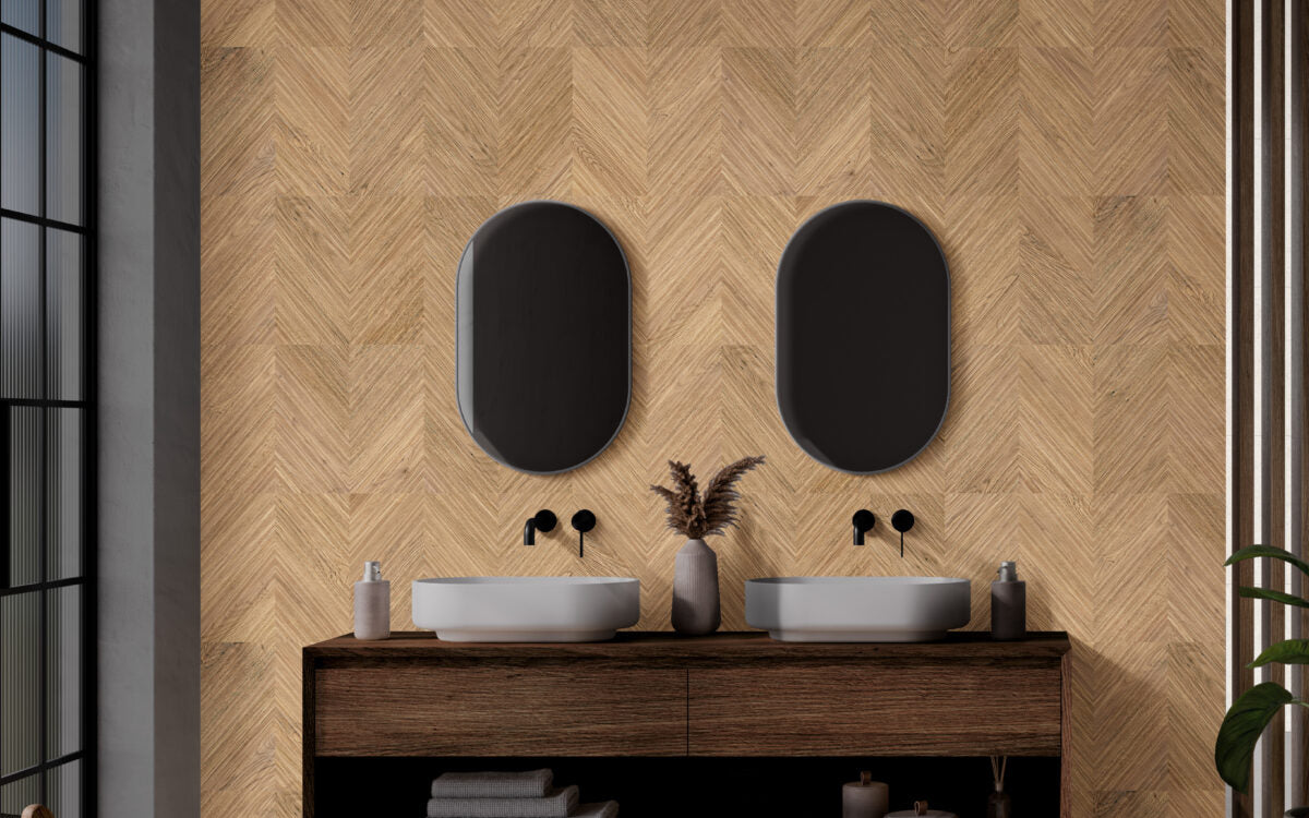 Chartres relieve 30x90 oak en baño