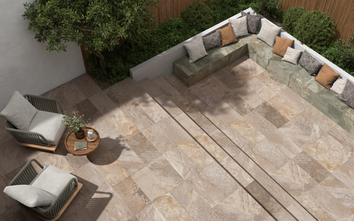 Porcelánico Biarritz Stone y Verde 31,6x60,8 - terraza