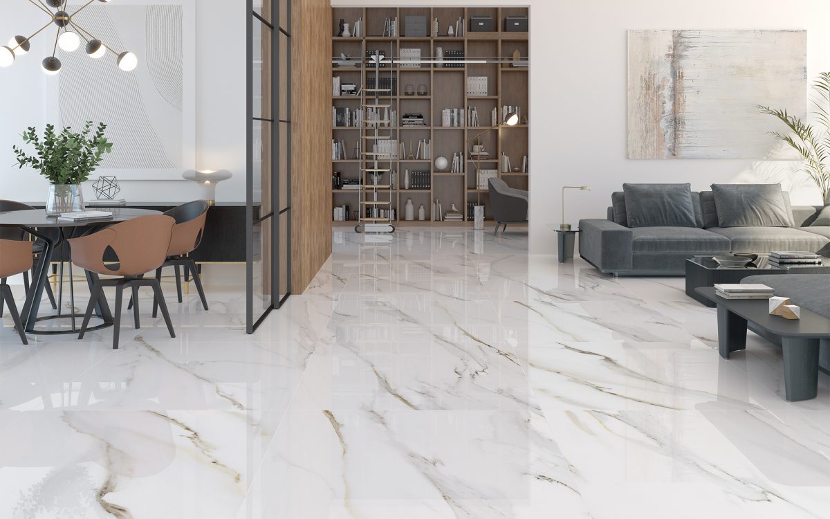 Carrara efecto mármol Calacatta en salón