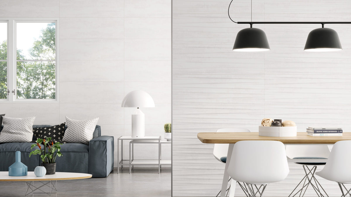 Melun Blanco Relieve 33x100 en salón