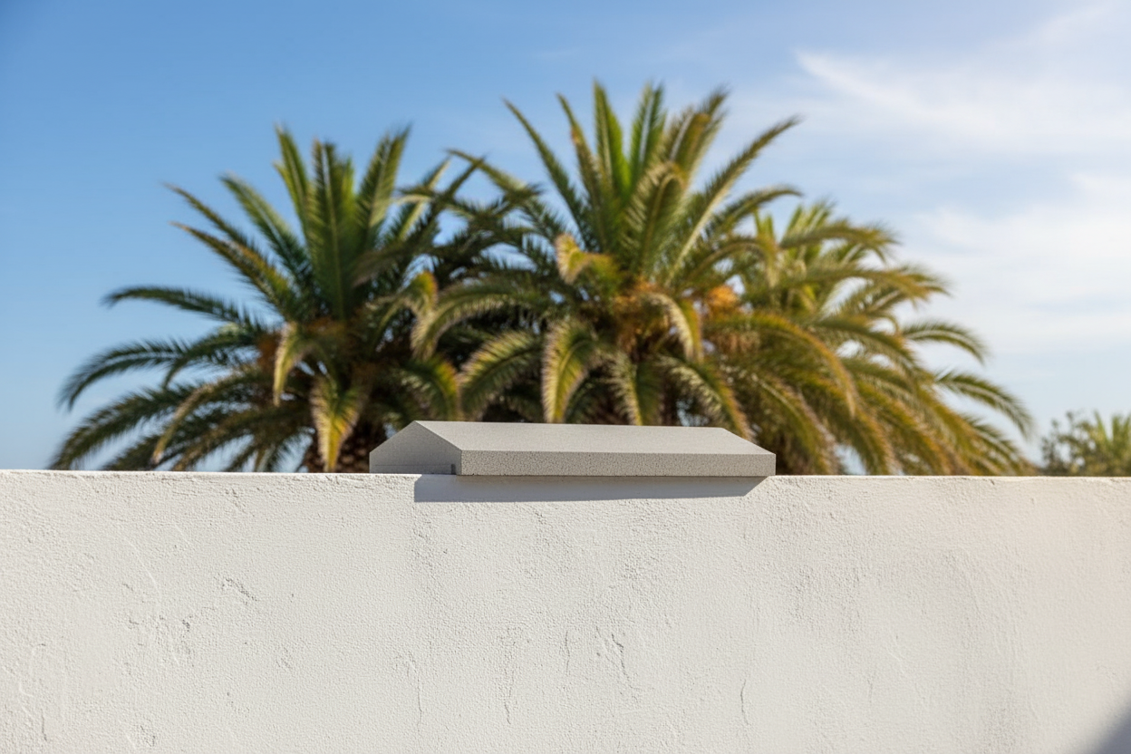 Cubremuros Segre Machihembrado de hormigón, sobre un muro blanco de una villa mediterránea - Vetonek