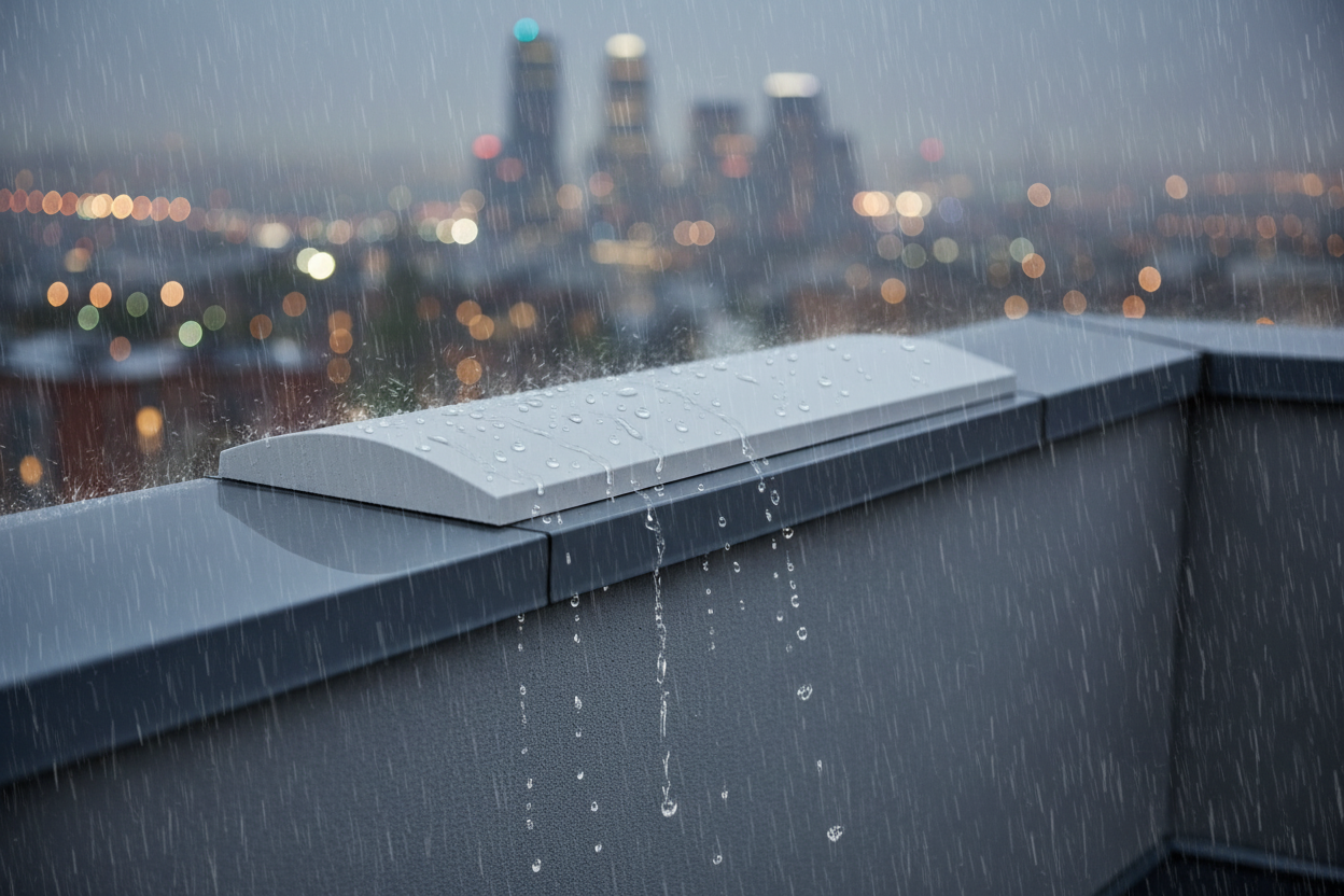 Cubremuros Segre Liso de hormigón, en el peto de un ático urbano bajo la lluvia - Vetonek
