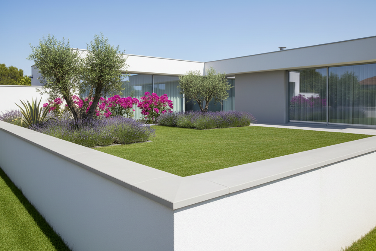 Cubremuros Segre Liso de hormigón, en el muro perimetral de una vivienda moderna minimalista - Vetonek