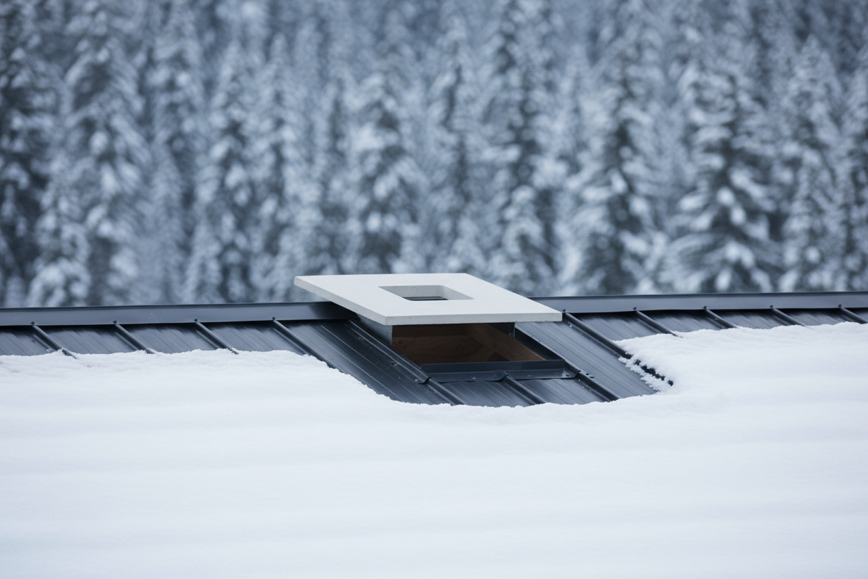 Aspirador estatico cuadrado de hormigon color blanco instalado en la salida de humos de un tejado metalico oscuro nevado de una cabana de montana, pinos nevados de fondo