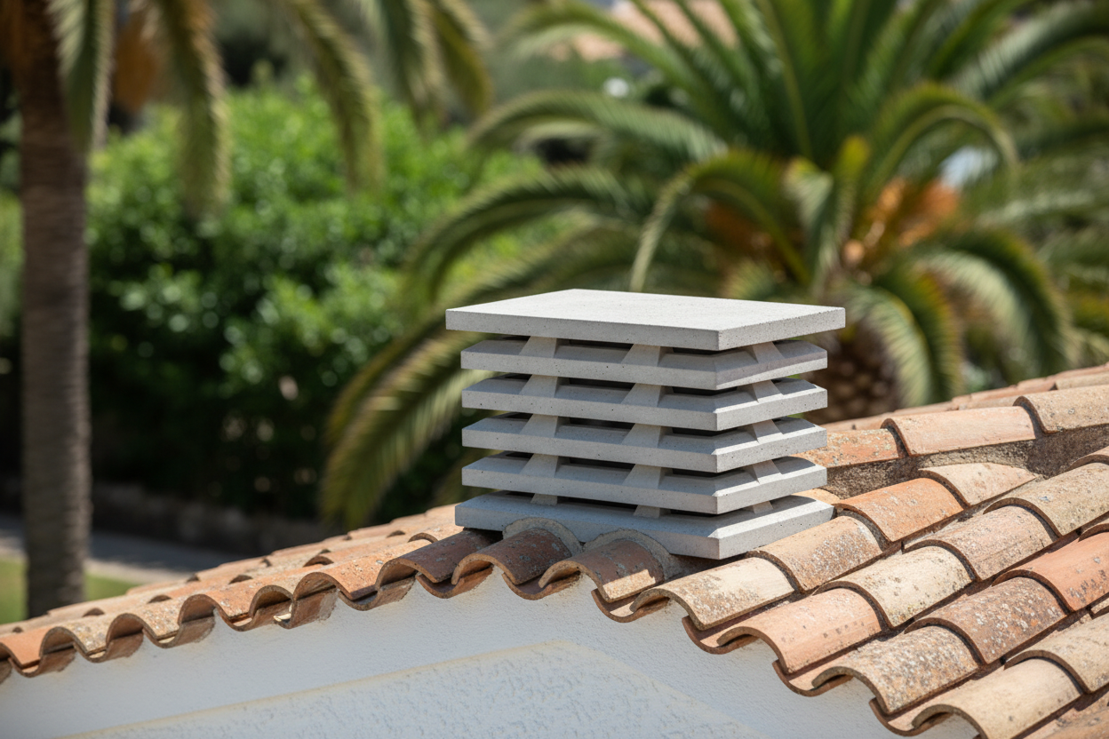 Aspirador estatico ortogonal de hormigon color gris ciment con laminas horizontales instalado sobre la salida de humos del tejado de teja curva de una villa mediterranea blanca, jardin con palmeras desenfocado al fondo, luz de mediodia