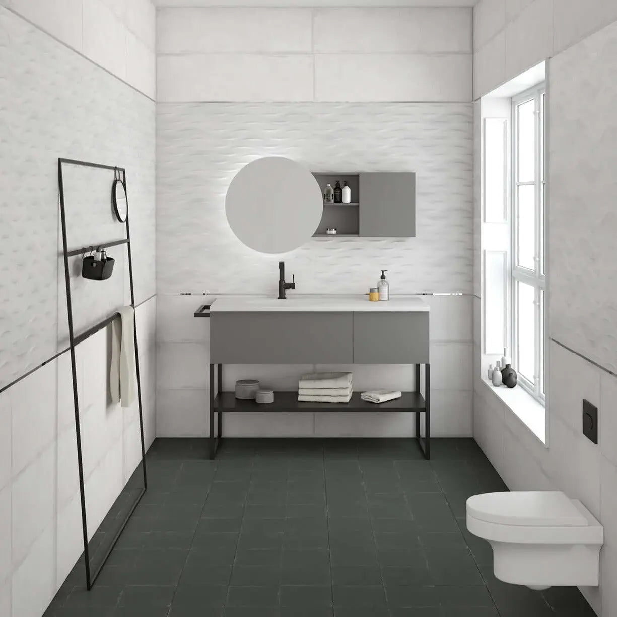 Suelo de cuarto de baño de baldosa hidráulica negra