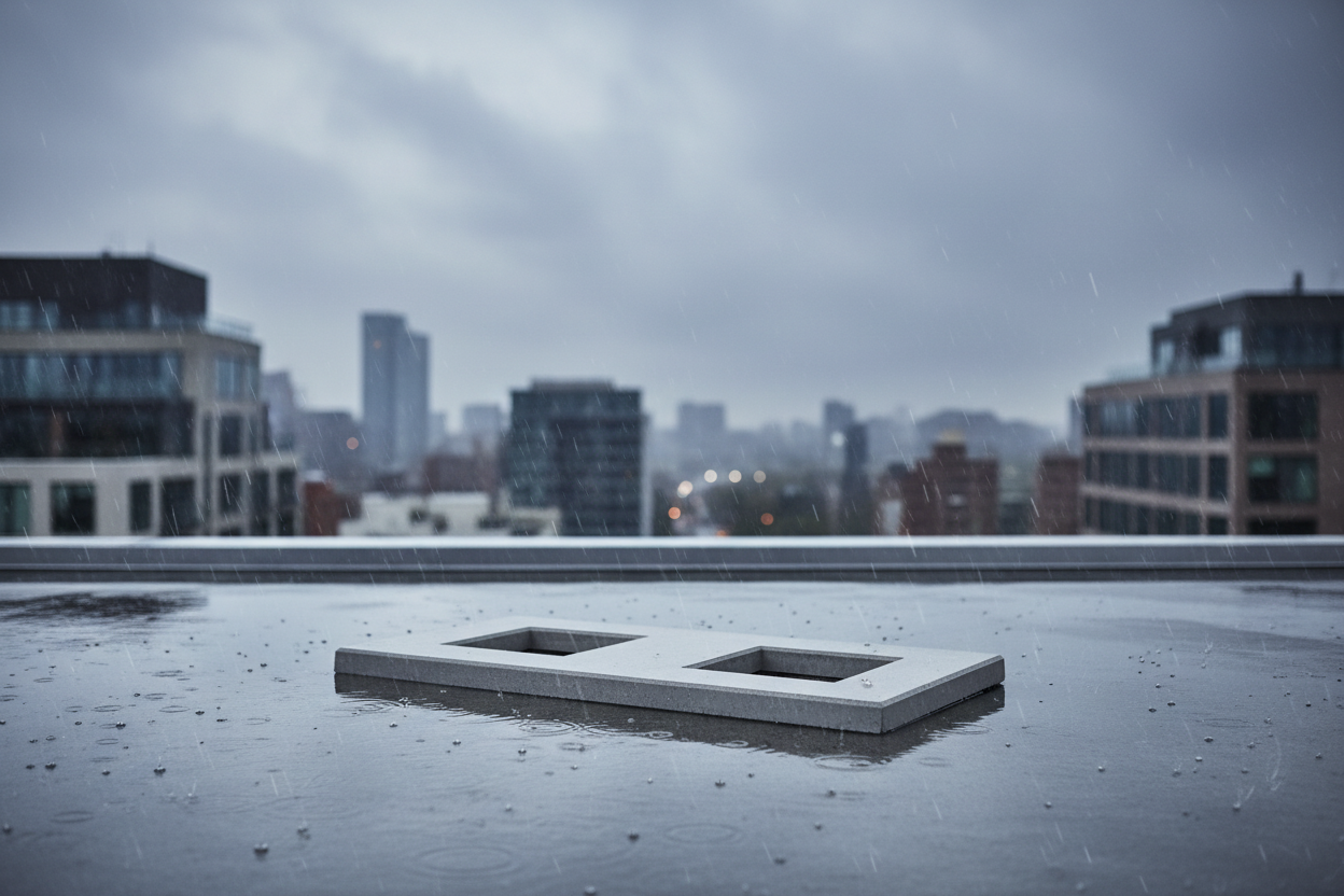 Base doble de hormigon color gris ciment con dos aberturas rectangulares instalada sobre el tejado plano mojado de un atico urbano bajo lluvia ligera, edificios de fondo desenfocados, ambiente nublado