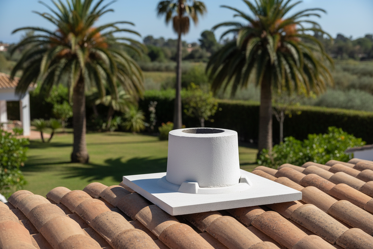 Base cuadrada de hormigon color blanco con abertura circular central instalada sobre el tejado de teja curva de una villa mediterranea blanca, alrededor de la salida de humos, jardin con palmeras desenfocado al fondo, luz de mediodia