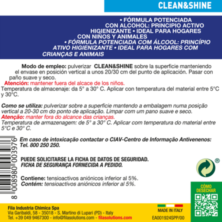 "Instrucciones de uso y advertencias para CLEAN & SHINE de FILA, limpiador brillante potenciado con alcohol. Indica cómo aplicar el producto de manera segura en superficies del hogar, manteniendo la higiene. Contiene tensioactivos aniónicos y no iónicos. Se recomienda solicitar la ficha de datos de seguridad antes de su uso."