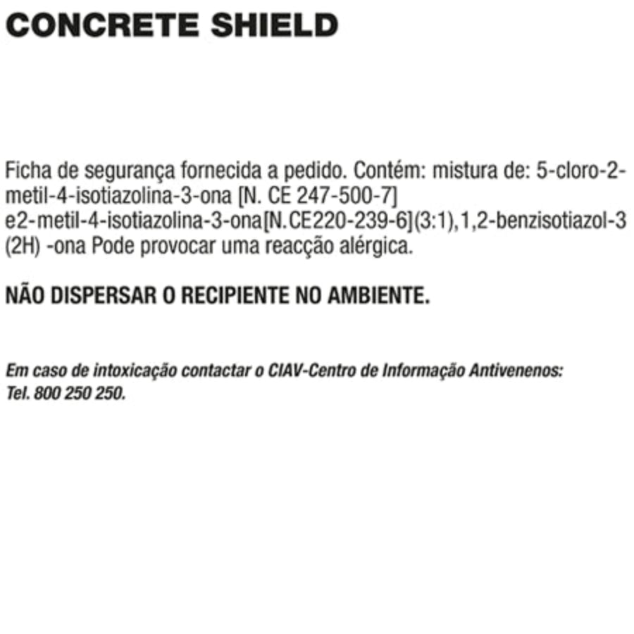 "Advertencia de seguridad para CONCRETE SHIELD de FILA, protector antimanchas para cemento. Informa sobre la presencia de mezclas de isotiazolonas que pueden causar reacciones alérgicas. Instrucciones para no dispersar el contenido en el ambiente y detalles de contacto en caso de intoxicación."