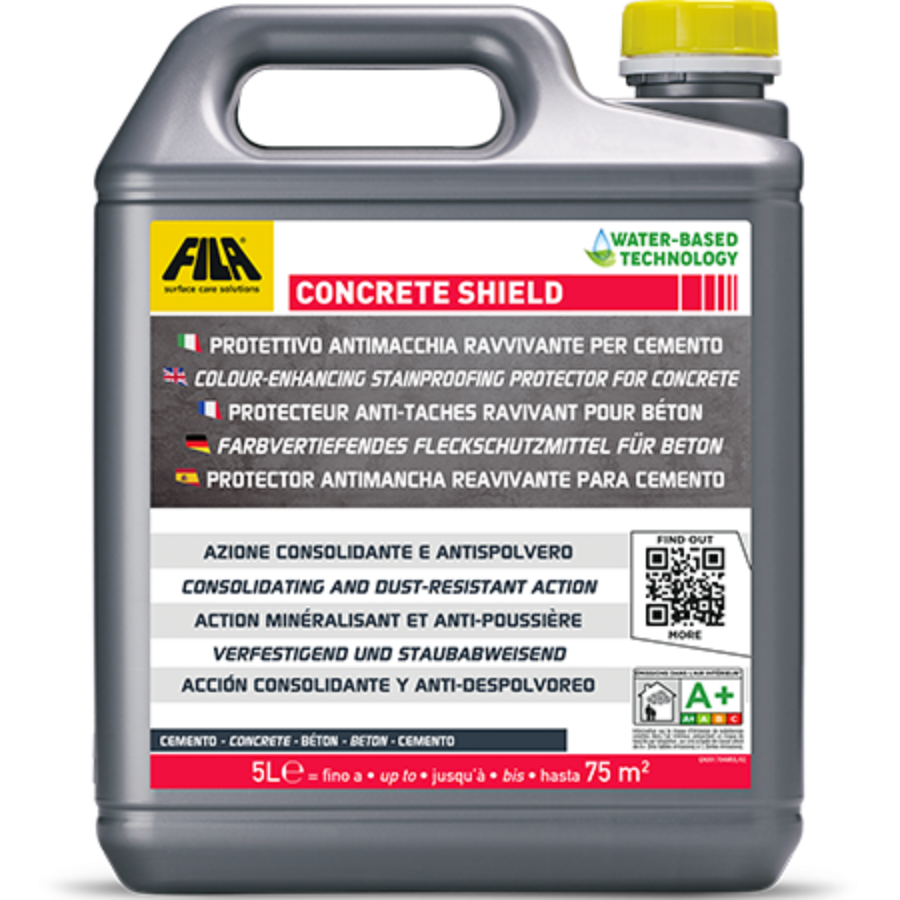 "Bidón de 5 litros de CONCRETE SHIELD de FILA, protector antimanchas y revitalizante para cemento. Ofrece acción consolidante y antidespolvoreo, mejorando el color del cemento y protegiendo contra manchas. Ideal para superficies de cemento, hormigón y otras aplicaciones exteriores, con una cobertura de hasta 75 m² por bidón."