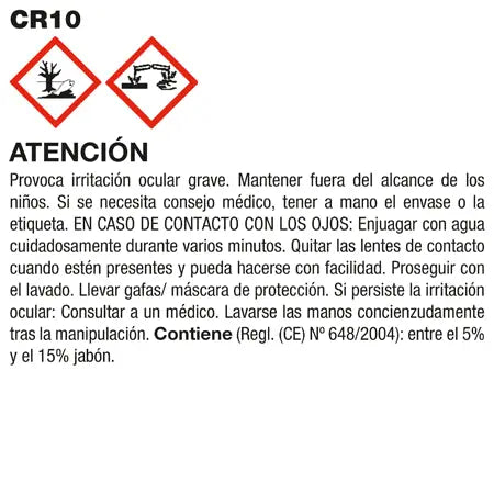 "Etiqueta de advertencia de peligro para CR10. Precauciones de seguridad para el uso de limpiador de residuos epoxi, con riesgo de causar irritación ocular grave. Incluye pictogramas de riesgo químico y medidas a seguir en caso de contacto con los ojos."