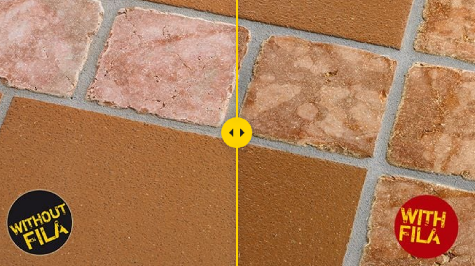 "Comparación visual del efecto de protección en baldosas con y sin el uso de MATT de FILA. El lado 'WITH FILA' muestra baldosas con un acabado mate uniforme y protegido, mientras que el lado 'WITHOUT FILA' presenta superficies menos protegidas y con un aspecto desgastado."
