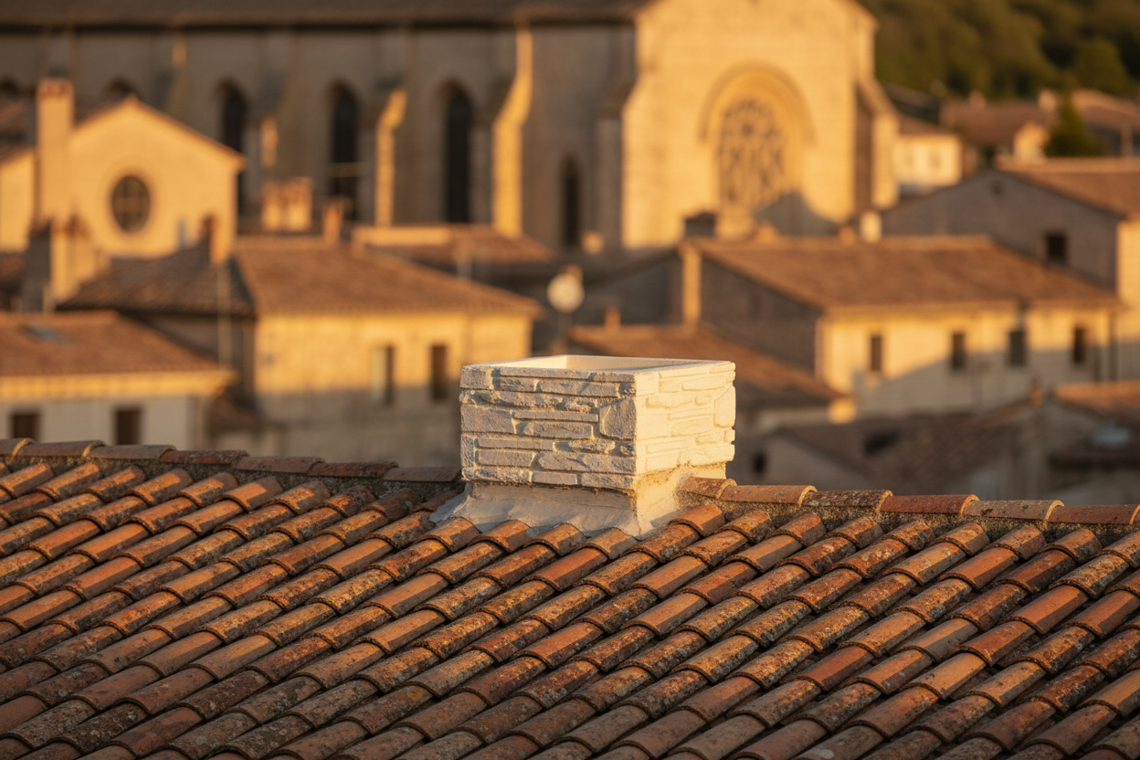 Remate de chimenea de piedra color champagne instalado sobre el tejado de teja plana de un edificio historico de casco antiguo, fachadas de piedra desenfocadas al fondo, luz calida de atardecer