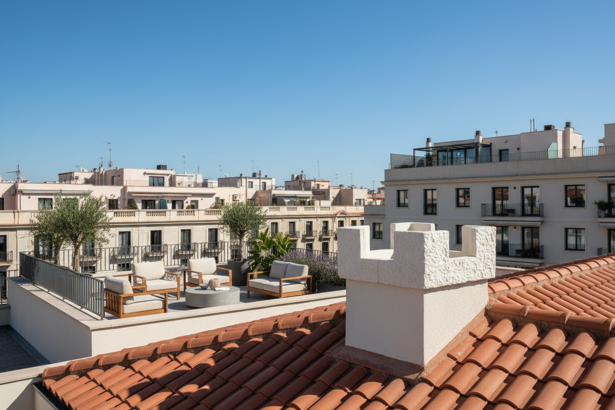 Remate de chimenea Ordesa de hormigón en color Caliza, coronación de la salida de humos en un apartamento urbano con terraza - Vetonek