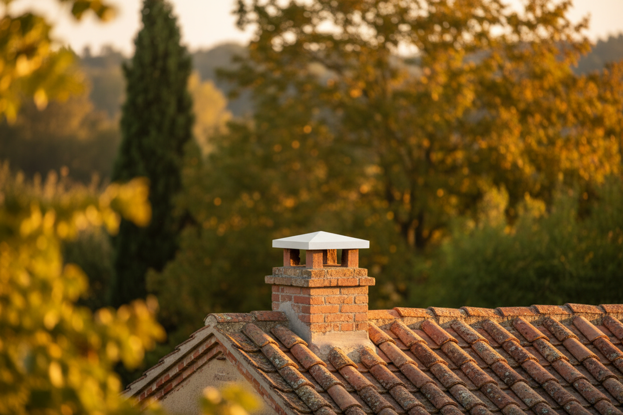Remate de chimenea Coca de hormigón con textura de ladrillo, coronación de la salida de humos en una casa de campo rodeada de vegetación - Vetonek