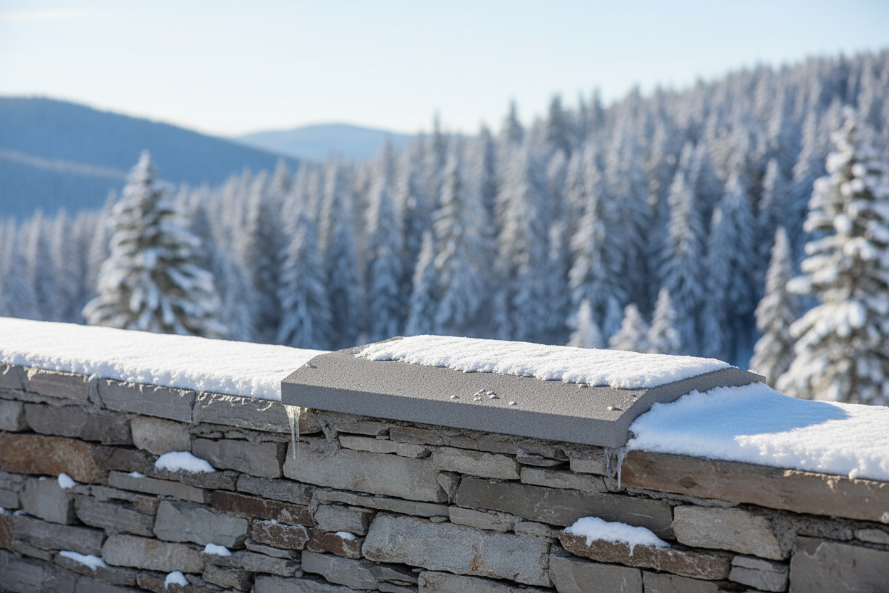 Cubremuros Cinca de hormigón gris, remate de un muro de piedra en una cabaña de montaña nevada - Vetonek