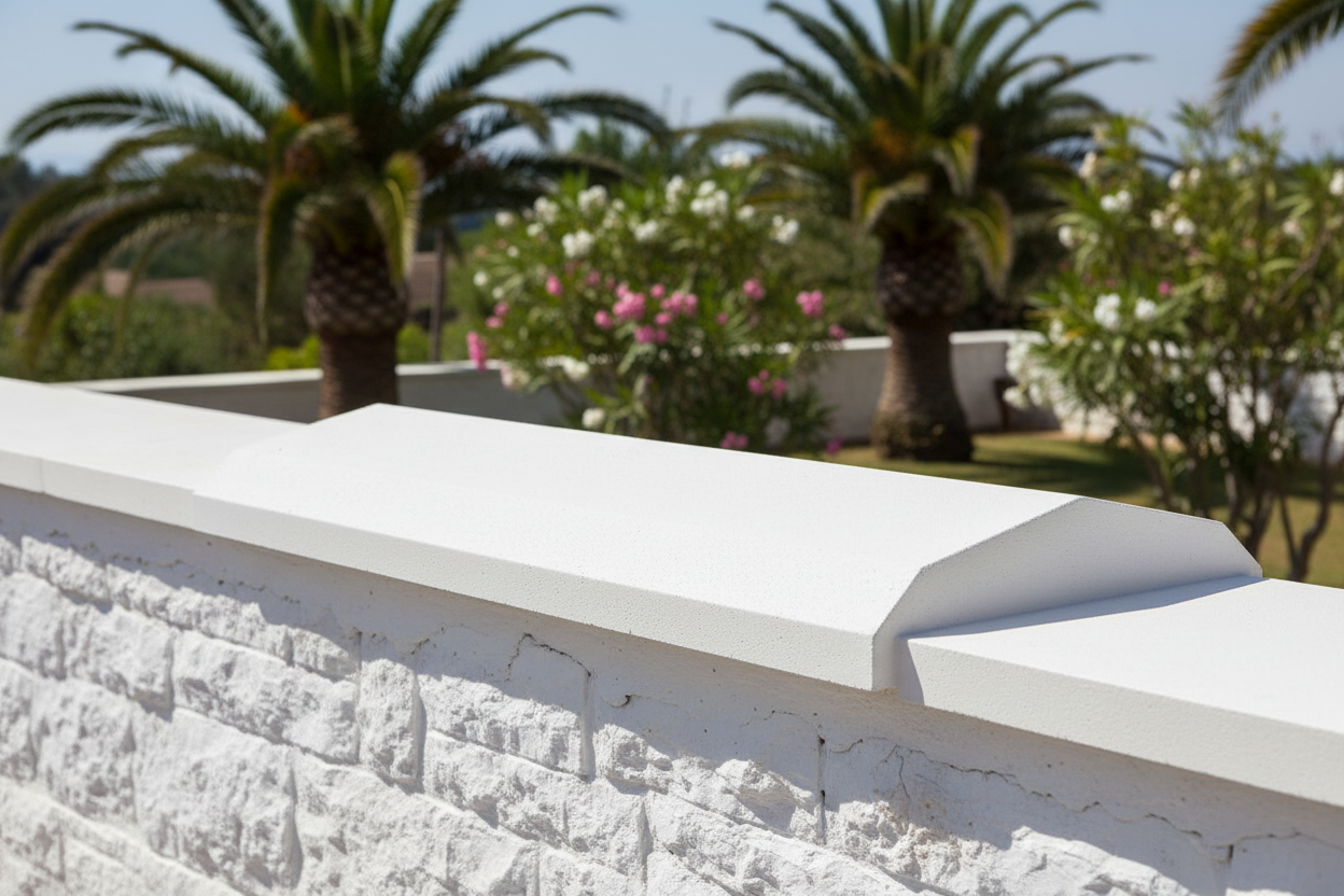 Cubremuros Cinca de hormigón blanco, remate sobre un muro encalado de una villa mediterránea - Vetonek