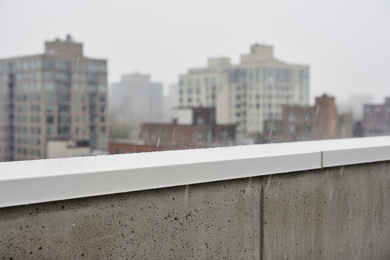 Cubremuros Duero Liso de hormigón blanco, remate del muro de un ático urbano bajo la lluvia - Vetonek