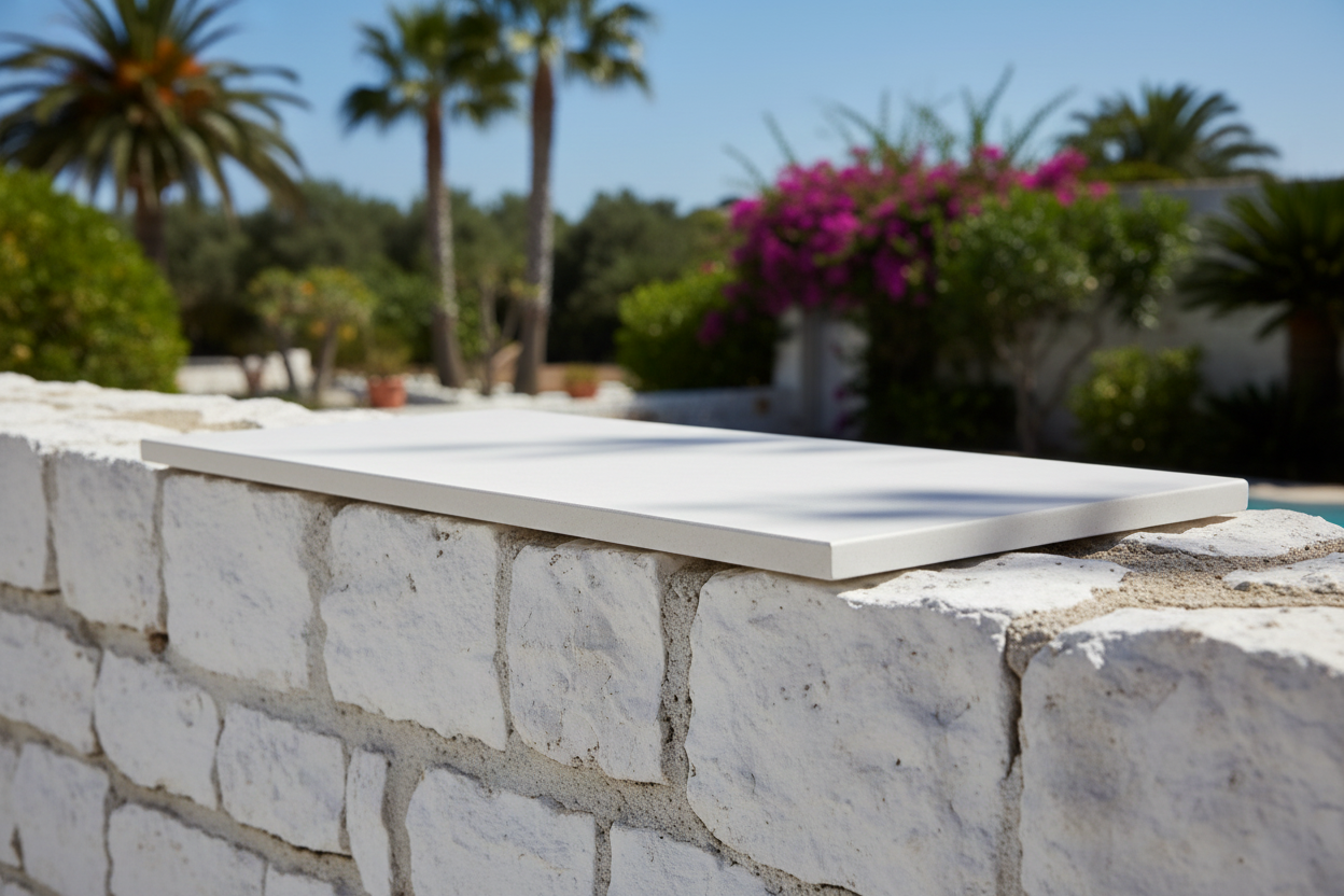 Cubremuros Duero Liso de hormigón blanco, remate de un muro encalado de una villa mediterránea - Vetonek