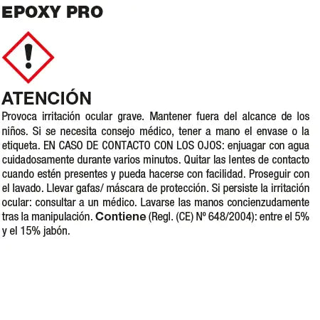 "Etiqueta de advertencia de peligro para EPOXY PRO. Instrucciones de seguridad para el uso de detergente instantáneo para juntas de epoxi fresco, con riesgo de causar irritación ocular grave. Incluye pictograma de riesgo químico y medidas en caso de contacto con los ojos."