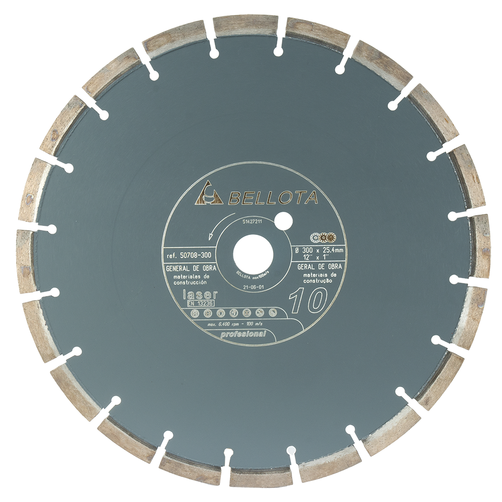 Disco de diamante segmentado Bellota 50708 para corte húmedo, de 300 mm