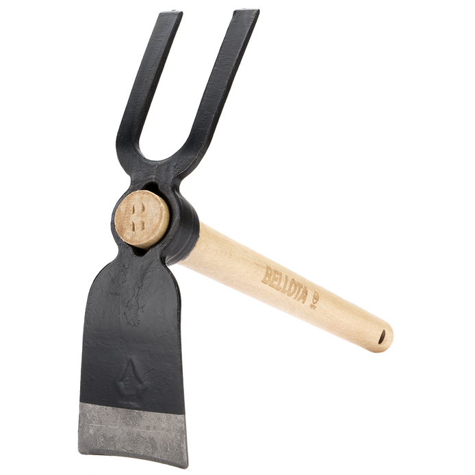 Azadilla Bellota HOE228AW, detalle de la cabeza de doble uso azada y horquilla