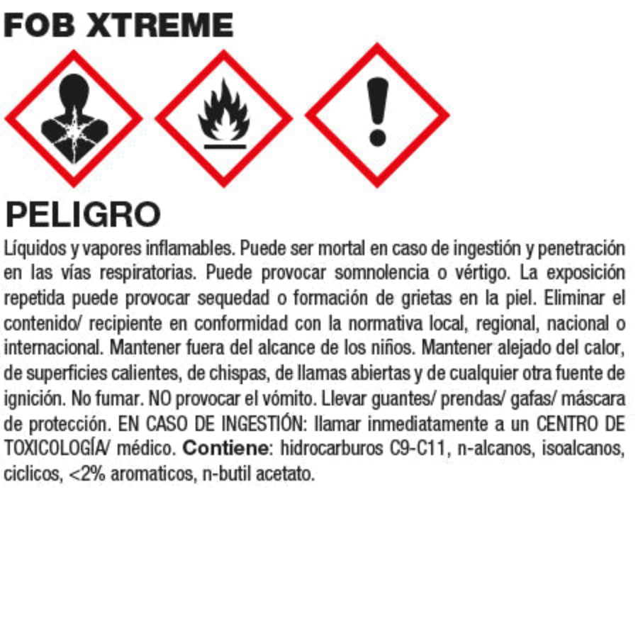 "Etiqueta de advertencia para FOB XTREME de FILA, producto hidrorrepelente y oleorrepelente. Precauciones de seguridad incluyen el riesgo de inflamabilidad, somnolencia, y efectos tóxicos por inhalación. Instrucciones detalladas para manejo seguro y medidas en caso de contacto o ingestión accidental. Contiene hidrocarburos C9-C11 e isalcanos."