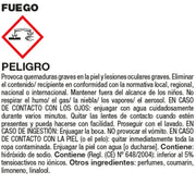 "Etiqueta de advertencia para FUEGO de FILA, limpiador de chimeneas. Indica riesgo de quemaduras graves en la piel y lesiones oculares. Proporciona instrucciones para el manejo seguro y medidas en caso de contacto con la piel, ojos o ingestión accidental. Contiene hidróxido de sodio, perfumes, cumarina, limoneno y linalool."