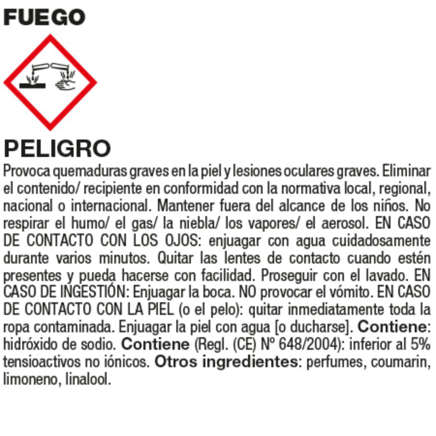 "Etiqueta de advertencia para FUEGO de FILA, limpiador de chimeneas. Indica riesgo de quemaduras graves en la piel y lesiones oculares. Proporciona instrucciones para el manejo seguro y medidas en caso de contacto con la piel, ojos o ingestión accidental. Contiene hidróxido de sodio, perfumes, cumarina, limoneno y linalool."