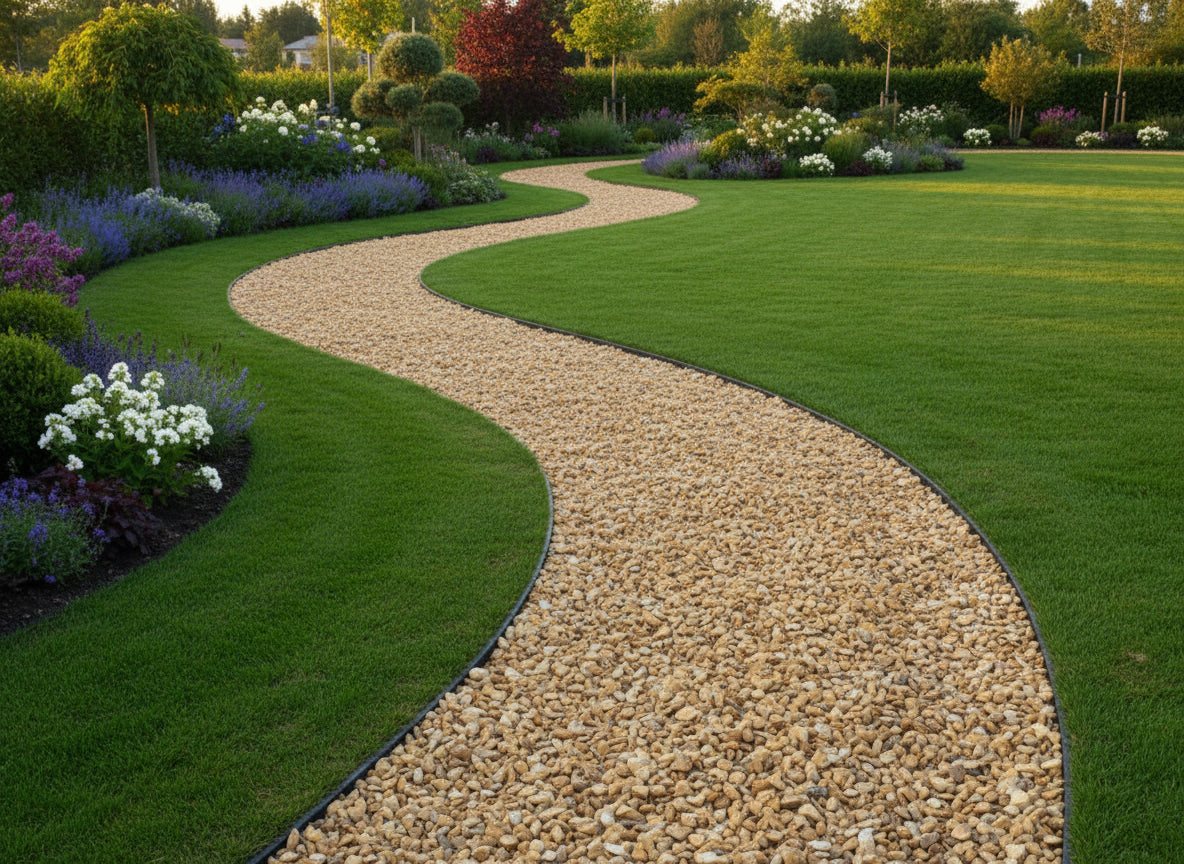 Grava Amarilla Saturno 12-20 mm. Vetonek en un camino de jardin con cesped