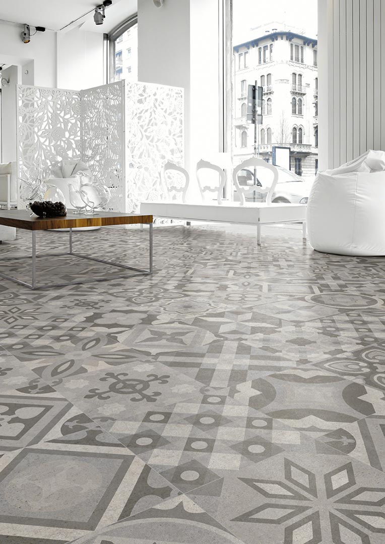 Ambiente interior con suelo efecto cemento Rieti Gredos - Vetonek