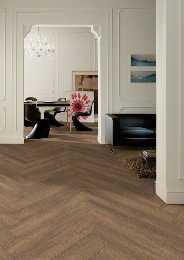 Ambiente salón con suelo efecto madera Norcia Marrón - Vetonek