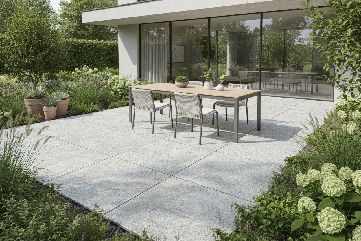 Losa porcelánica de exterior Vintage ideal para decorar jardines y terrazas con estilo.