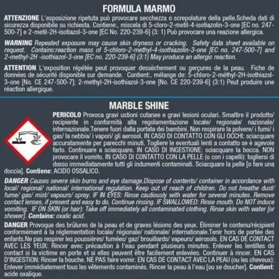"Advertencias de seguridad del Marble Restorer Kit de FILA. Precauciones contra la exposición repetida que puede causar sequedad o agrietamiento en la piel, y riesgo de graves quemaduras oculares. Incluye detalles sobre los componentes químicos, como la mezcla de isothiazolonas, y las medidas a tomar en caso de contacto o ingestión."