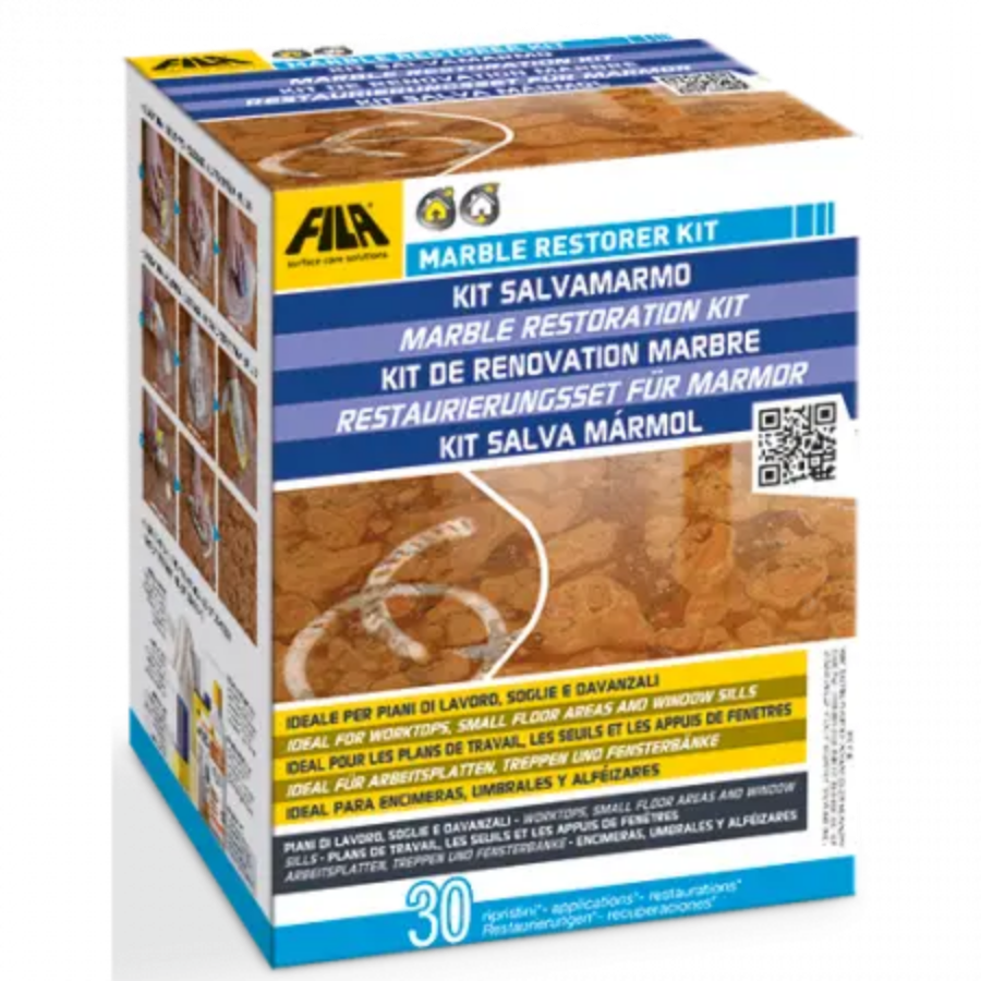 "Caja de Marble Restorer Kit de FILA, un kit de restauración para mármol que incluye 30 aplicaciones. Ideal para la renovación de encimeras, umbrales y alféizares de ventanas de mármol. Instrucciones en varios idiomas y adecuado para restaurar superficies de mármol dañadas, devolviéndoles su brillo original."