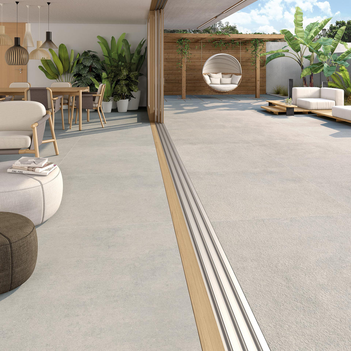 Ambiente terraza con suelo efecto cemento Modena Gris - Vetonek