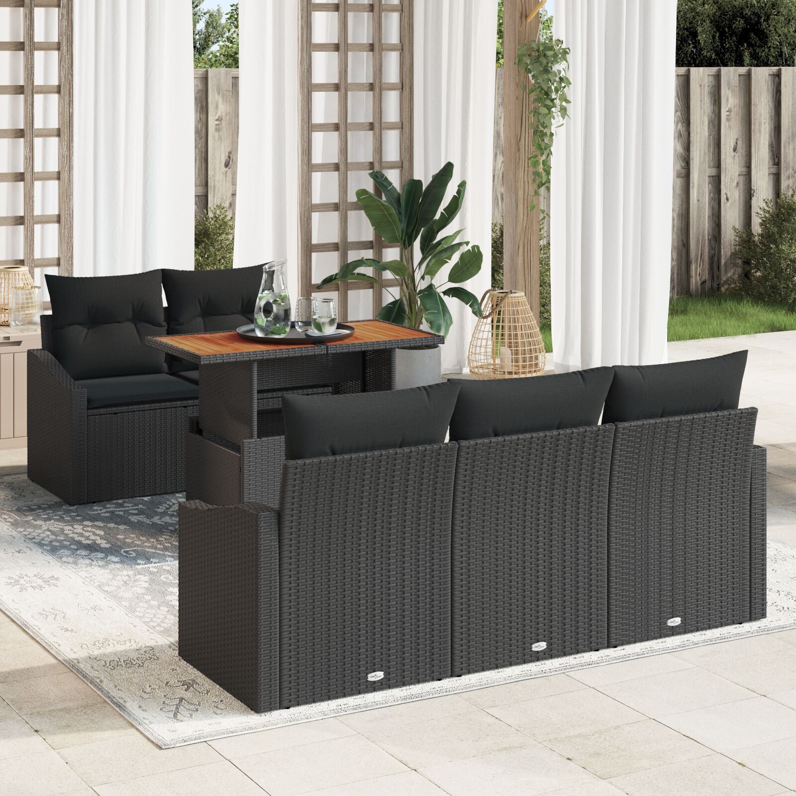 6 Piece Garden Dining Set with Cushions Black Rattan Polyethylene Acacia V8927 Vetonek