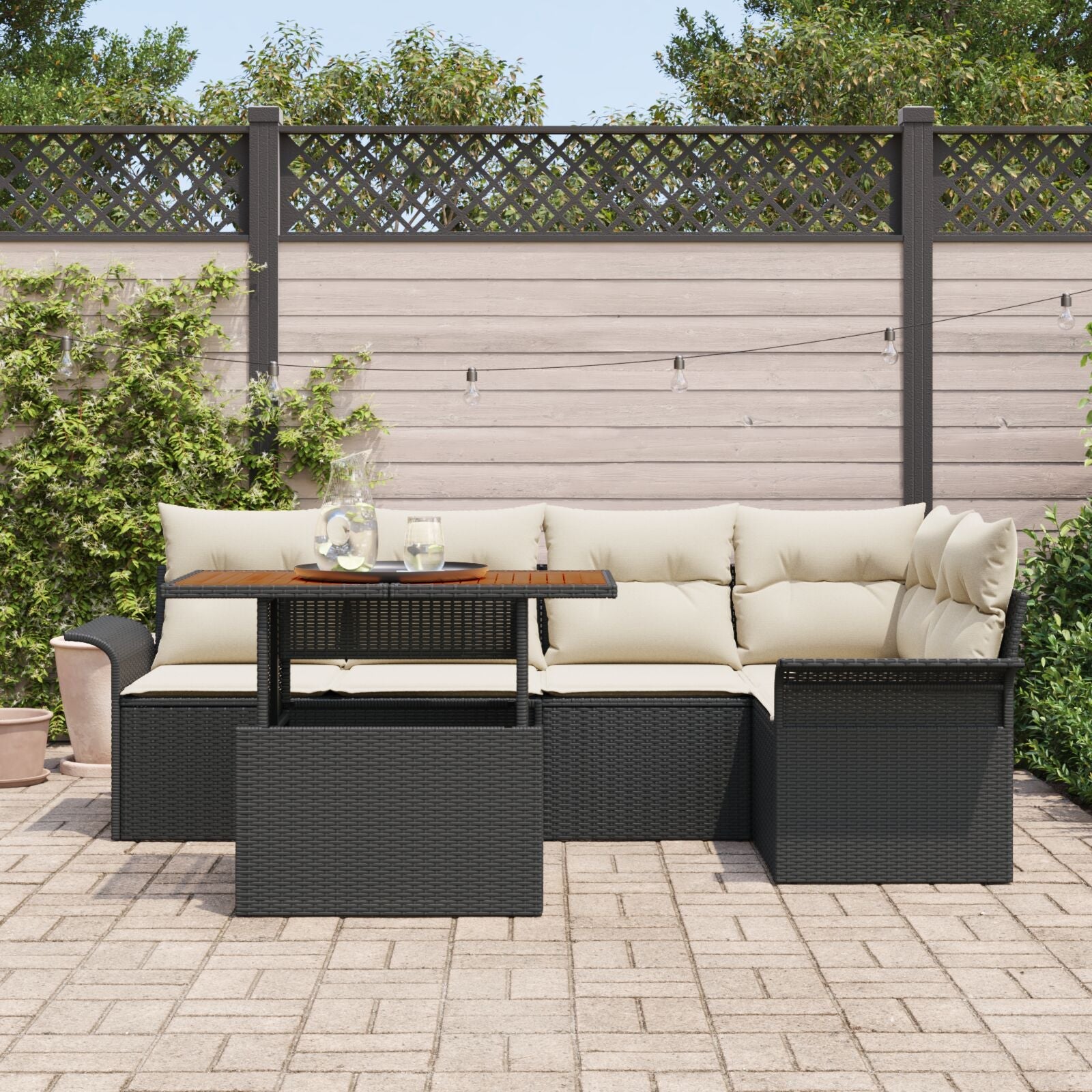 6 Piece Garden Dining Set with Cushions Black Polymeric Rattan Acacia V4479 Vetonek