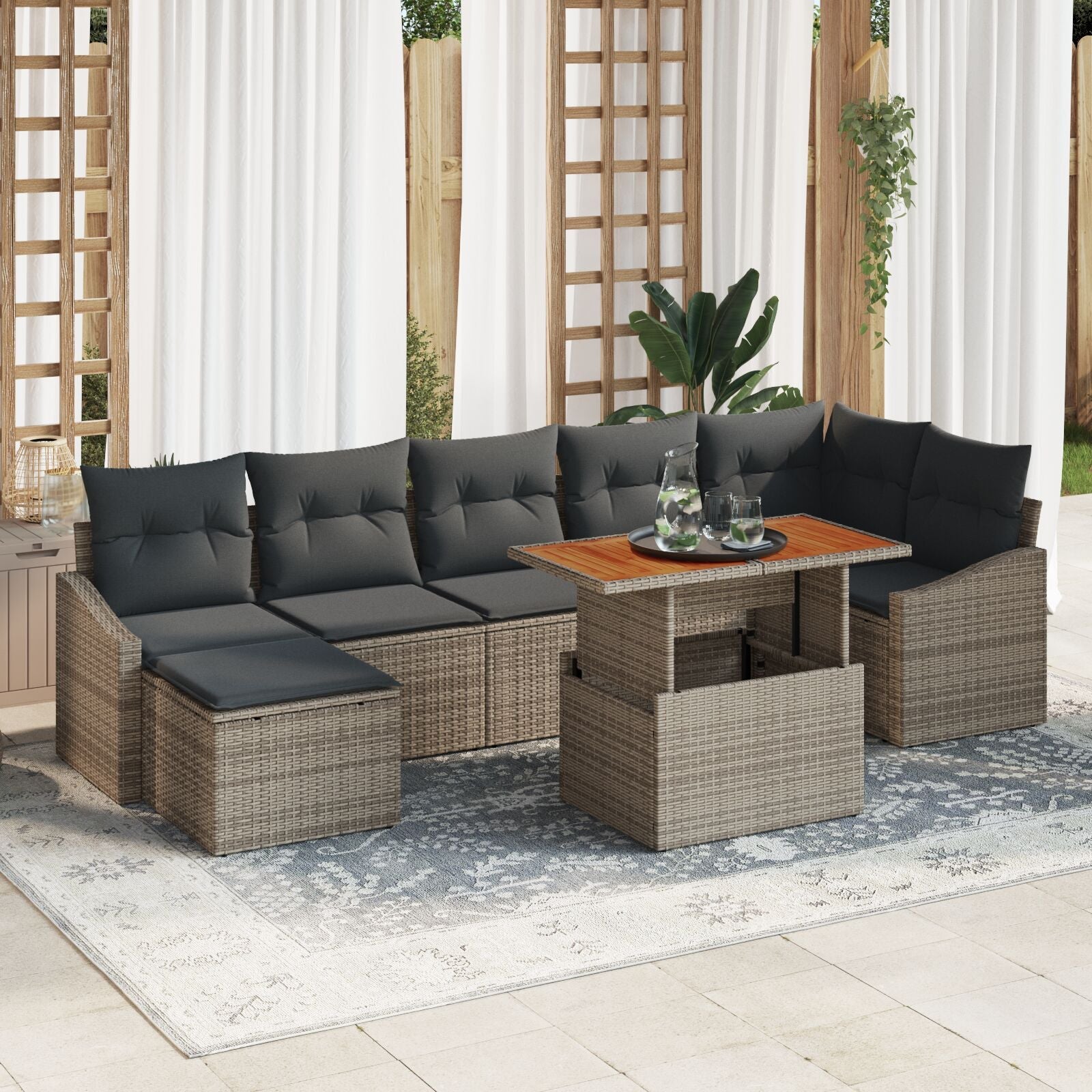 8-Piece Garden Dining Set with Acacia Polyrattan Gray Cushions V9801 Vetonek
