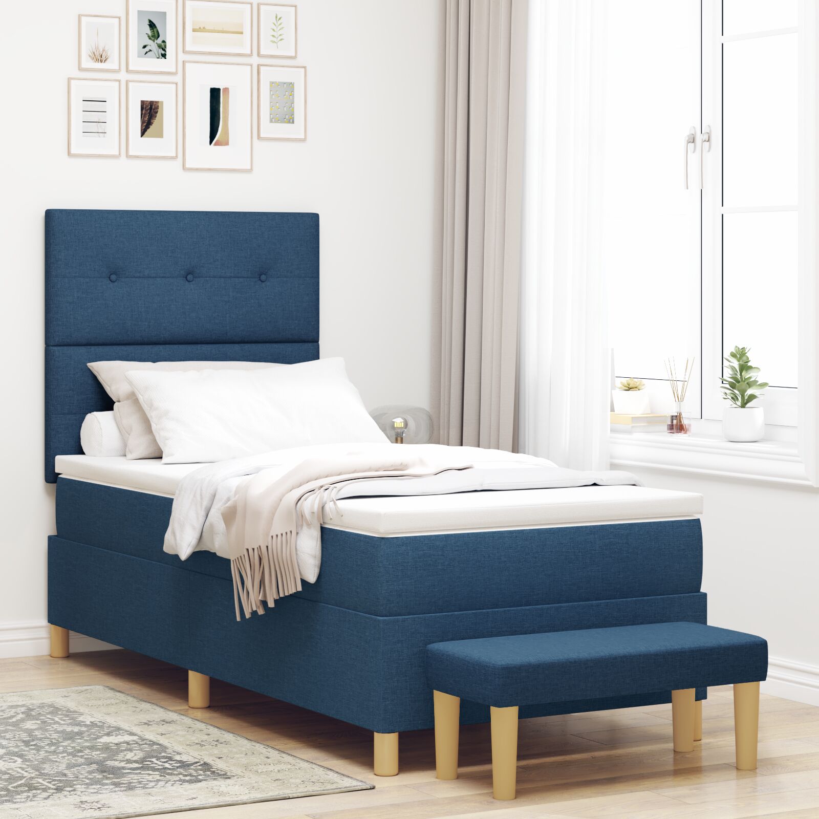 Box Spring bed with mattress and blue bench 90x190 cm fabric V3148 Vetonek
