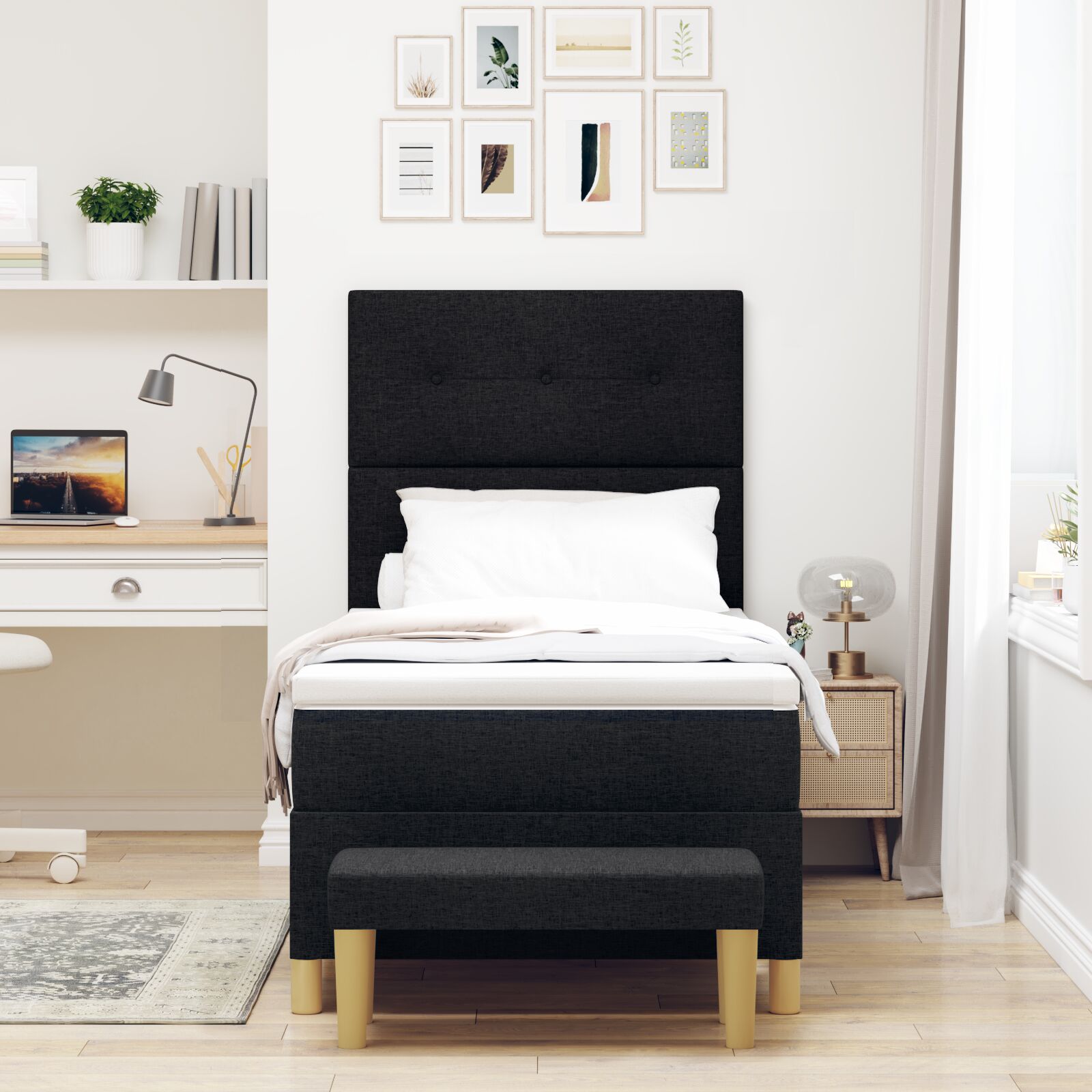 Box Spring bed with mattress and black bench 90x190 cm fabric V3100 Vetonek