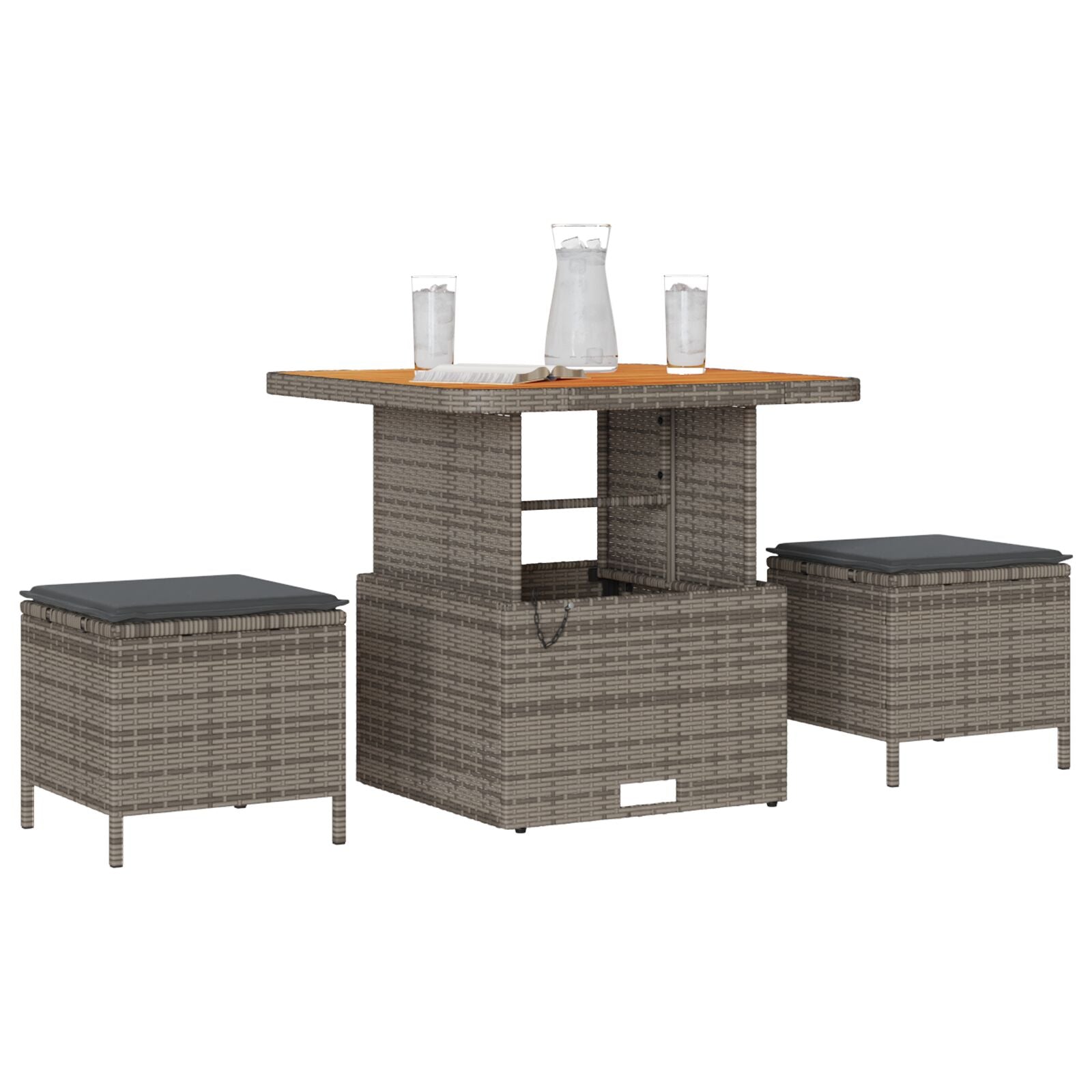 Conjunto de Comedor de Jardín de 3 Piezas con Cojines Gris de Poliratán y Acacia V0179 Vetonek