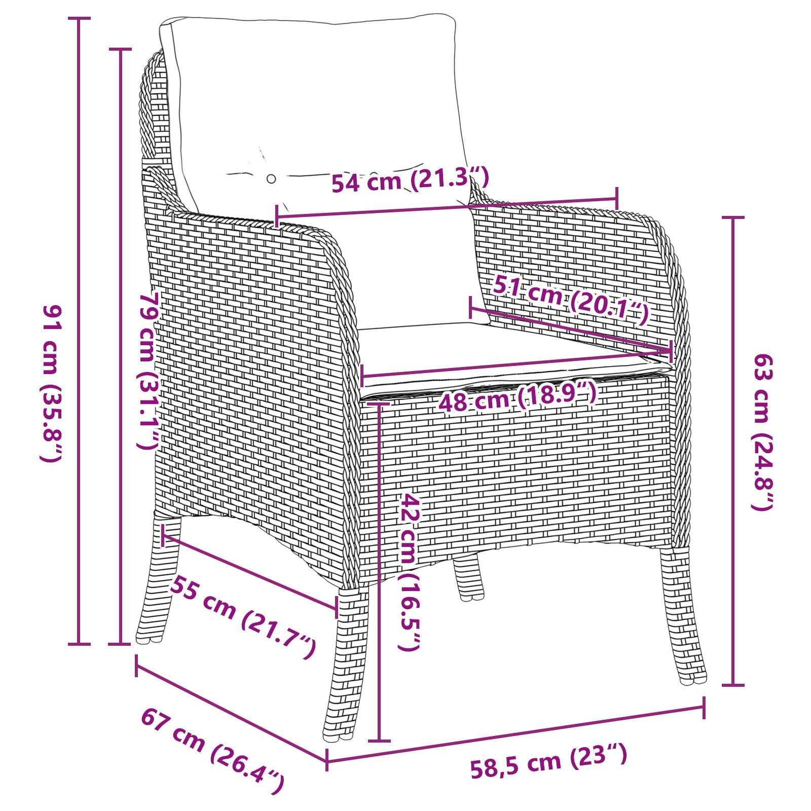 Conjunto de comedor de jardín  de 3 piezas con cojines Marrón Poliratán V0757 Vetonek