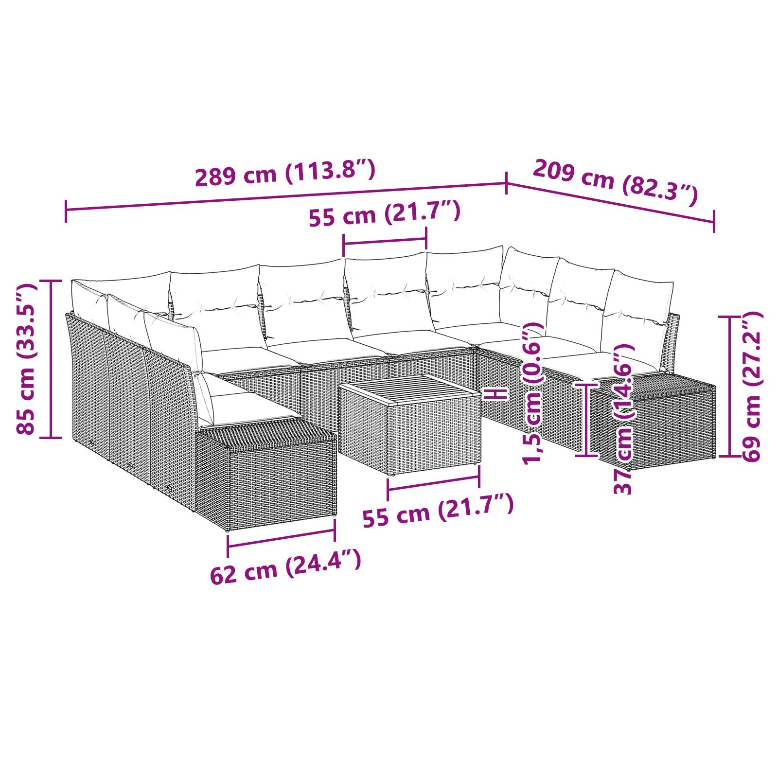 Conjunto de sofá de jardín de 10 piezas con cojines gris polirratán acacia V1141 Vetonek