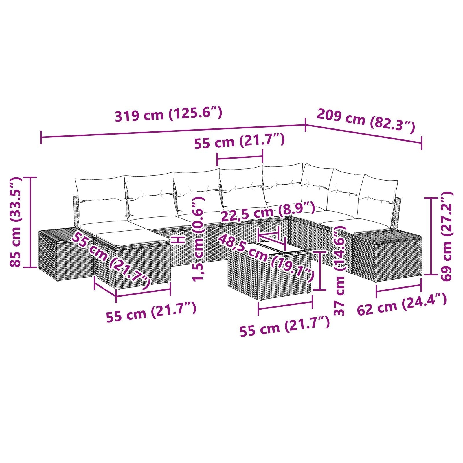 Conjunto de Sofá de Jardín de 9 Piezas con Cojines Beige Poliratán V7794 Vetonek