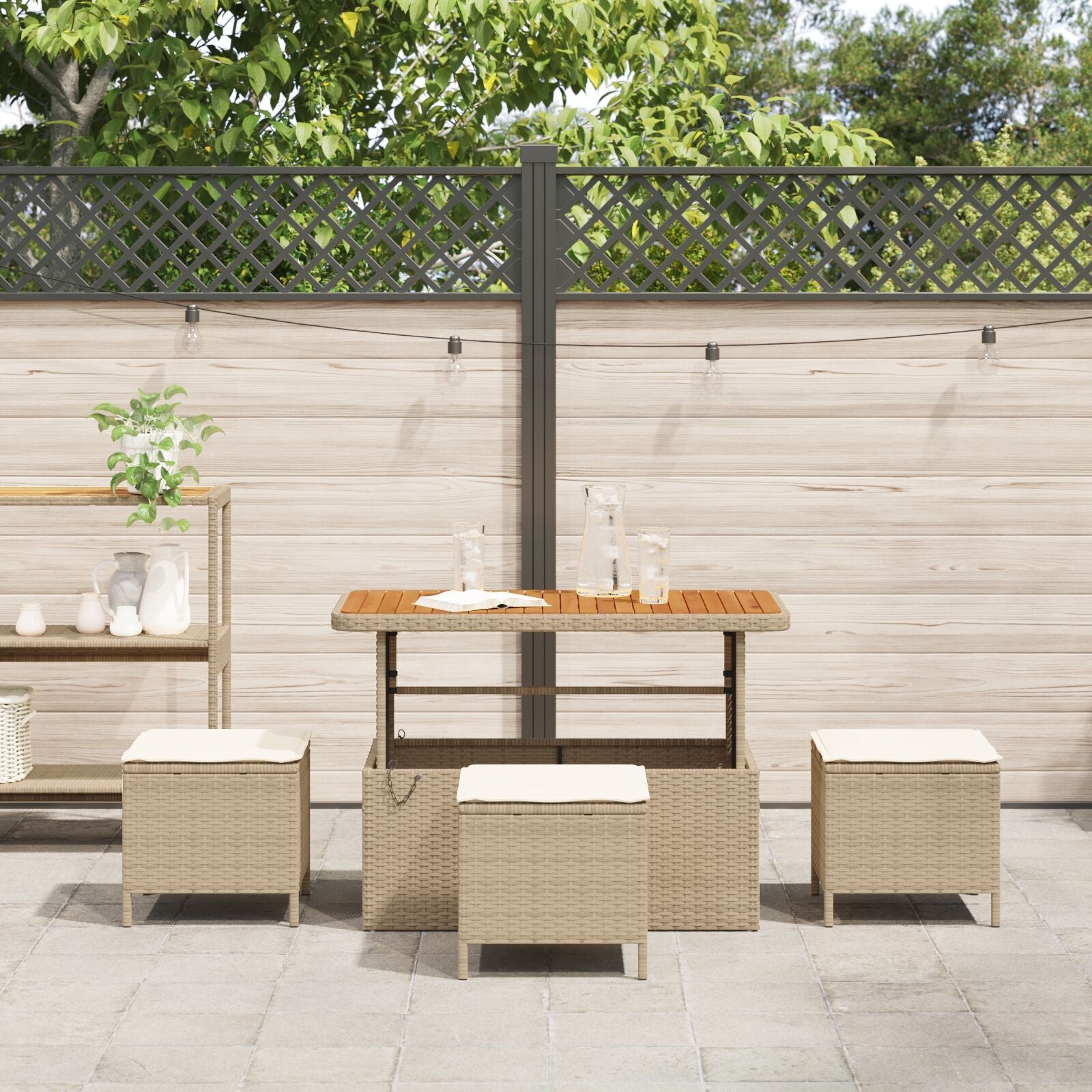 4 Piece Garden Dining Set with Beige Rattan and Acacia Cushions V0254 Vetonek